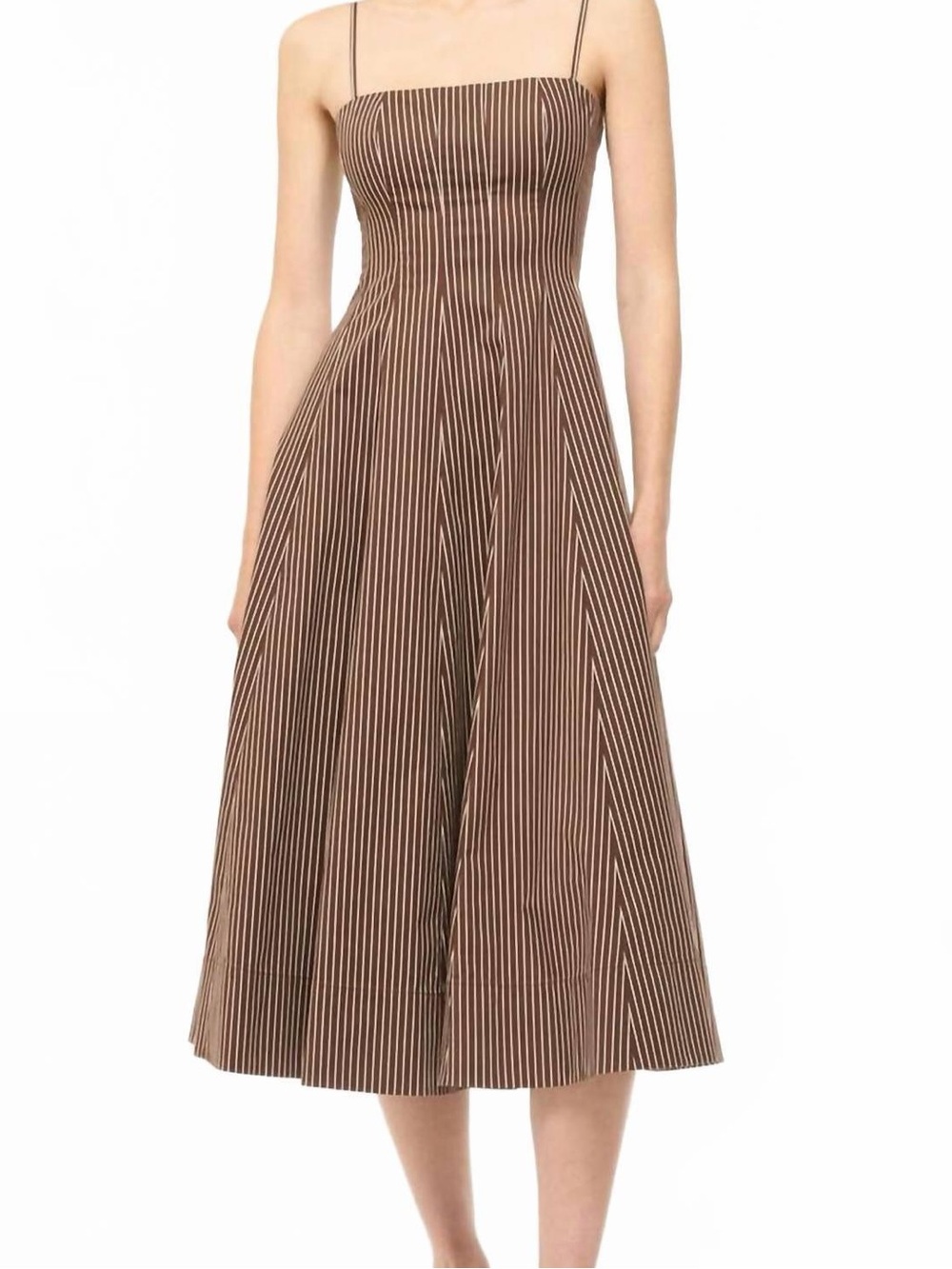 AUREUM Brown and Cream Striped Midi Dress with Spaghetti Straps